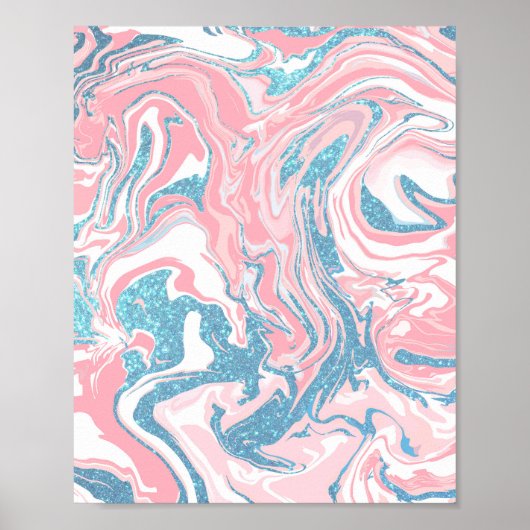 Poster Marbre de Parties scintillant bleu rose moderne (Devant)