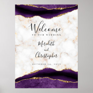 Poster Marbre or violet Agate Mariage Bienvenue