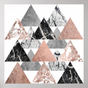Poster Marbre Rose or argent et Floral Geo Triangles