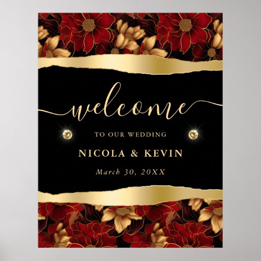Poster Marbre rouge noir et or Mariage Floral Bienvenue (Devant)