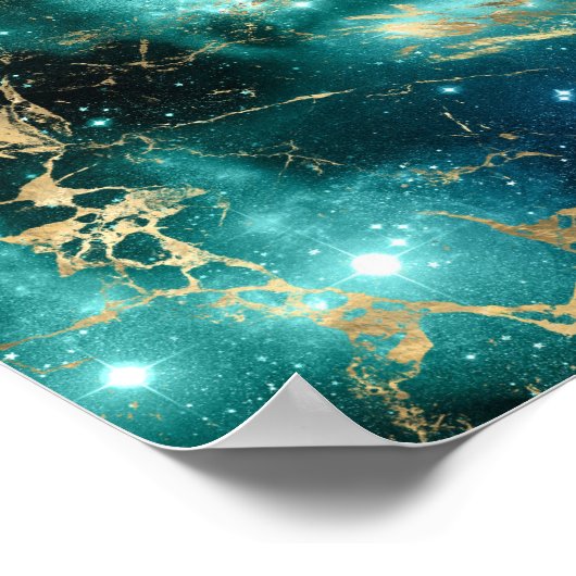 Poster Marbre spatial noir nuit étoilée dorée verte (Coin)