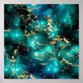 Poster Marbre spatial noir nuit étoilée dorée verte (Devant)