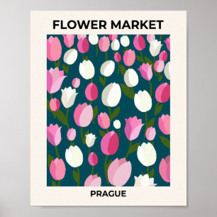 Poster Marché aux Fleurs Prague Tulipes Bleu Marine Et Ro