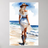 Poster Marche de la cow-girl côtière sur la plage aquarel (Devant)