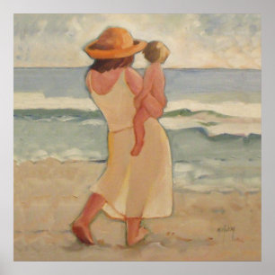Poster Marche de plage avec mère et bébé