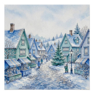Poster Marché de village de Noël bleu vert aquarelle