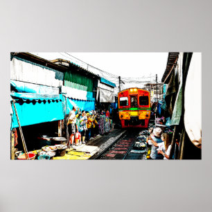 Poster Marché ferroviaire Mae Klong à Bangkok Thaïlande