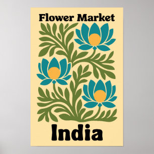 Poster Marché Fleur Inde Lotus Sarcelle & Feuille Botaniq