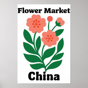 Poster Marché Fleuriste de Chine Pivoine Corail et Feuill