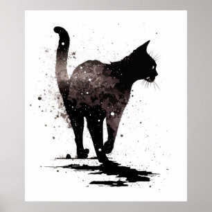 Poster Marcher Chat Silhouette Noir sur Blanc
