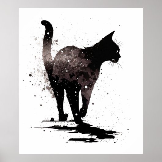 Poster Marcher Chat Silhouette Noir sur Blanc (Devant)