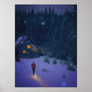 Poster Marcher vers un cabine dans les bois d'hiver