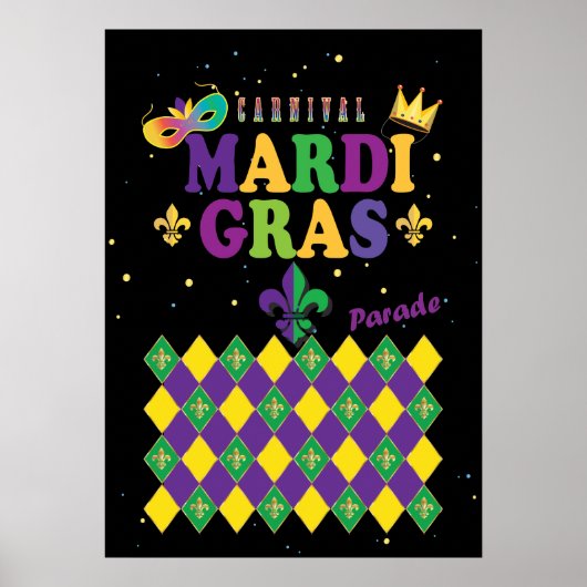 Poster Mardi Gras Carnaval Fleur de Lis Diamond Arlequin (Devant)