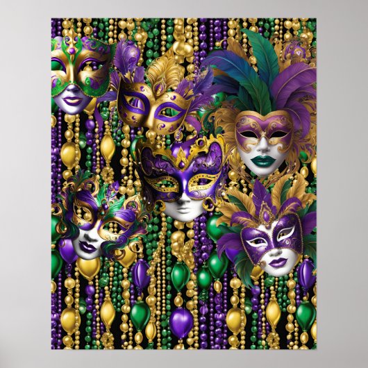 Poster Mardi Gras Carnaval Purple Green Masques perles Ar (Devant)
