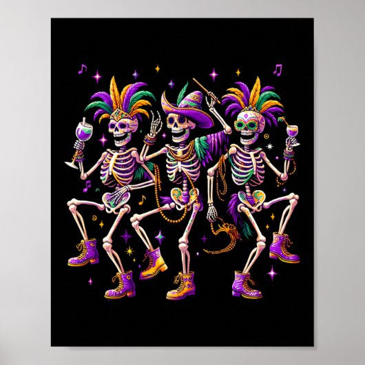 Poster Mardi Gras Danser Skeleton Drôle (Devant)