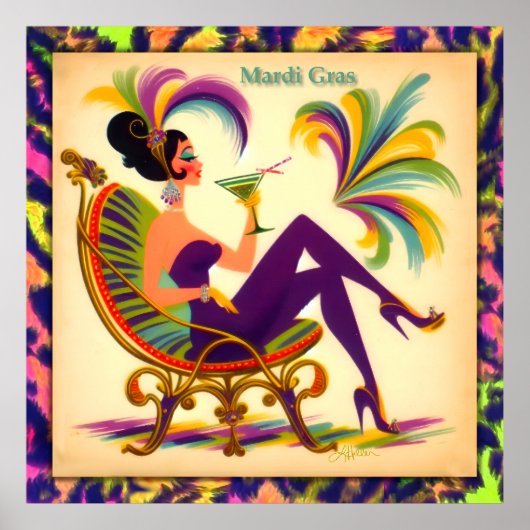 Poster Mardi Gras Femme Au Milieu Du Siècle Avec Martini (Devant)