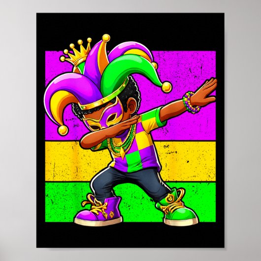 Poster Mardi Gras Funny Dabbing Black Boy Jester Hat Kid  (Devant)