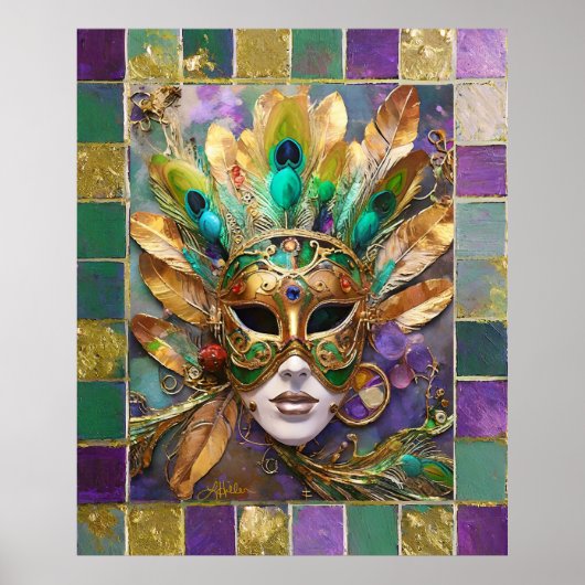 Poster Mardi Gras Gold et vert Peacock Feature Masque (Devant)