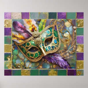 Poster Mardi Gras Masque de plumes vert et doré