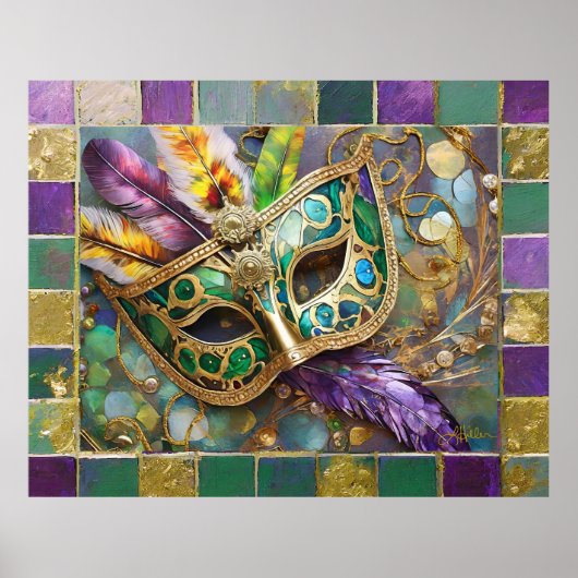 Poster Mardi Gras Masque de plumes vert et doré (Devant)