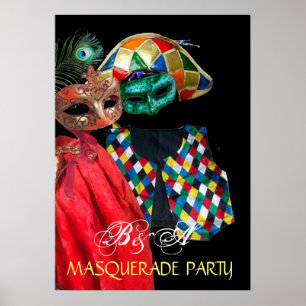 POSTER MARDI GRAS MASQUERADE, HARLEQUIN COSTUME MONOGRAMM
