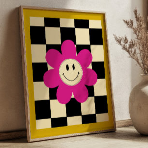Poster Marguerite rose souriante sur fond rétro à carreau