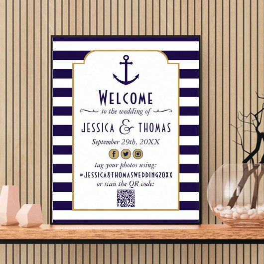 Poster Mariage à l'ancre à rayures Navy & Blanc