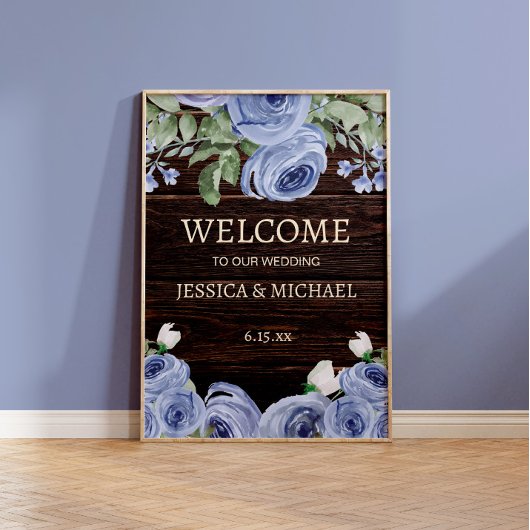 Poster Mariage Accueil Bois rustique Bleu Floral