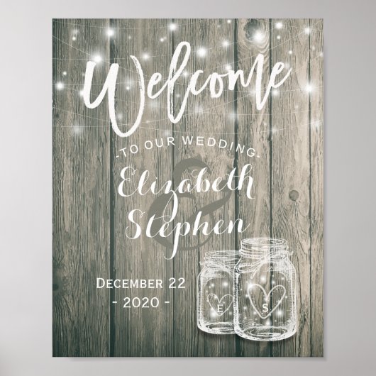 Poster Mariage Accueil Bois rustique Mason Jar String Lum (Devant)