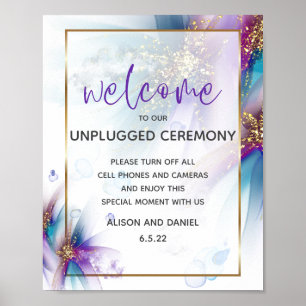 Poster Mariage Accueil Turquoise violet Fleurs Abstraites