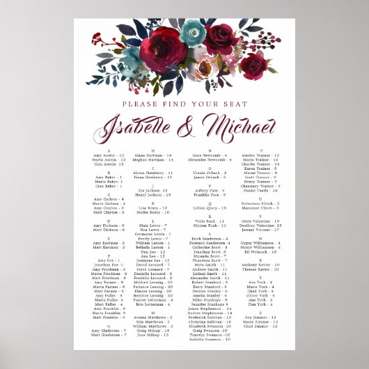 Poster Mariage alphabétique floral rouge foncé (Devant)