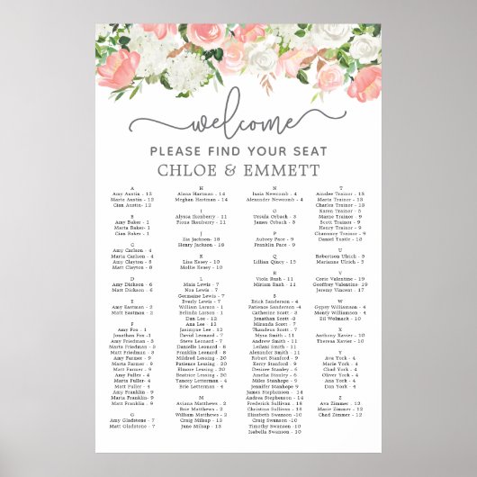 Poster Mariage Alphabétique Rose Blanc Floral (Devant)