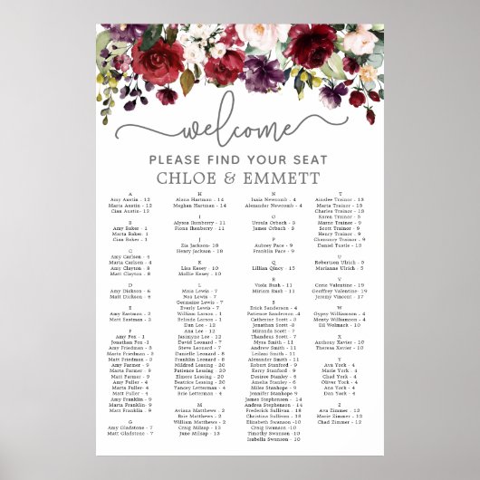 Poster Mariage alphabétique rose rouge floral (Devant)