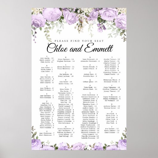 Poster Mariage Alphabétique Violet Floral (Devant)