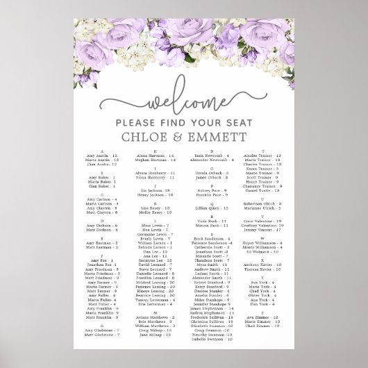 Poster Mariage Alphabétique Violet Floral (Devant)