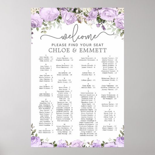 Poster Mariage Alphabétique Violet Floral (Devant)