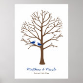 Poster Mariage Arbre Empreinte Doigts Oiseaux Brun Bleu M (Devant)