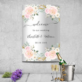 Poster Mariage argent rose fleurs script bienvenue