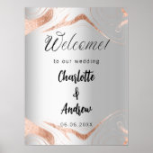 Poster Mariage argent rose or marbre veines bienvenue (Devant)
