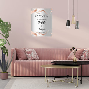 Poster Mariage argent rose or marbre veines bienvenue