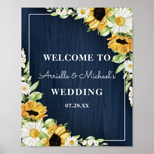 Poster Mariage Arrière - plan Rustic Sunflower Navy Blue  (Devant)