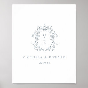 Poster Mariage au blason monogramme bleu poussiéreux