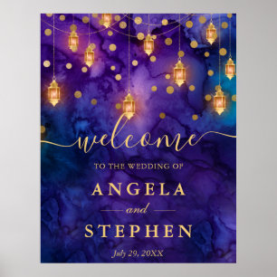 Poster Mariage avec lueur de lanterne violette et bleue