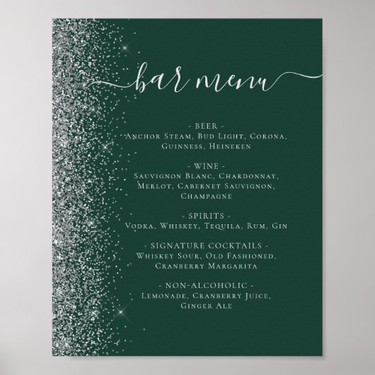 Poster Mariage Bar Menu Dark Green Silver Parties scintil (Devant)