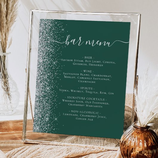 Poster Mariage Bar Menu Dark Green Silver Parties scintil