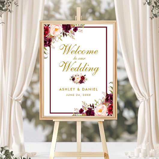 Poster Mariage Bienvenue Bourgogne or Aquarelle Florale