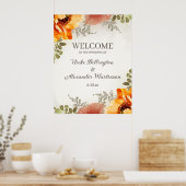 Poster Mariage Bienvenue Burange Orange Floral Noms Date (Cuisine)