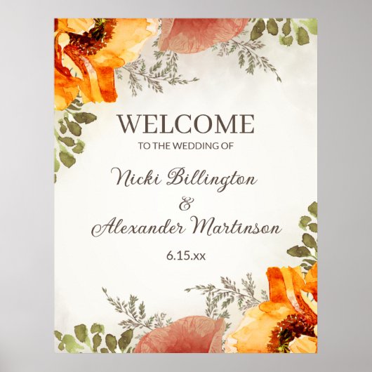 Poster Mariage Bienvenue Burange Orange Floral Noms Date (Devant)