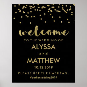 Poster Mariage Bienvenue et Hashtag Noir et or