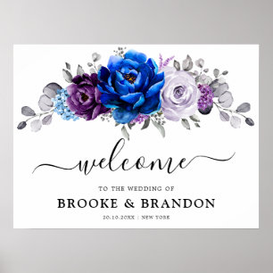 Poster Mariage Bienvenue Fleur Royale Bleu Violet Lilas F